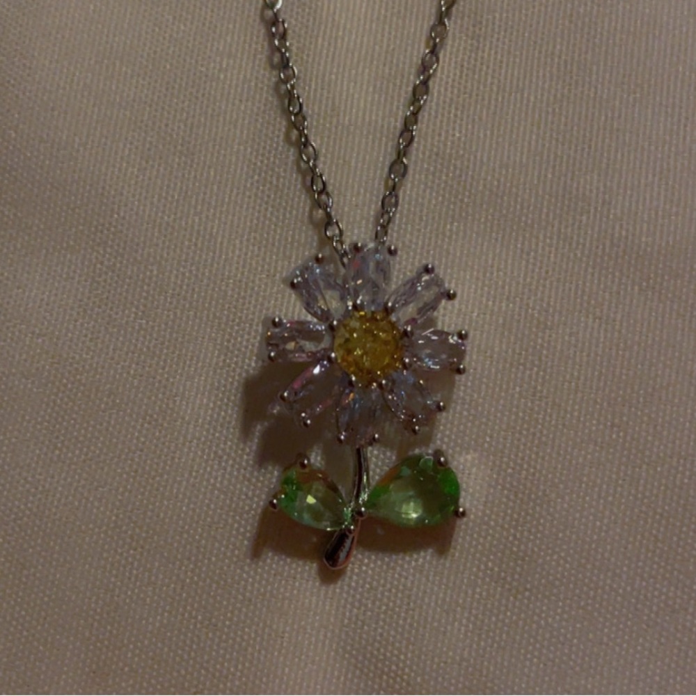 Silver Necklace with Yellow and Green Gem Flower Pendant